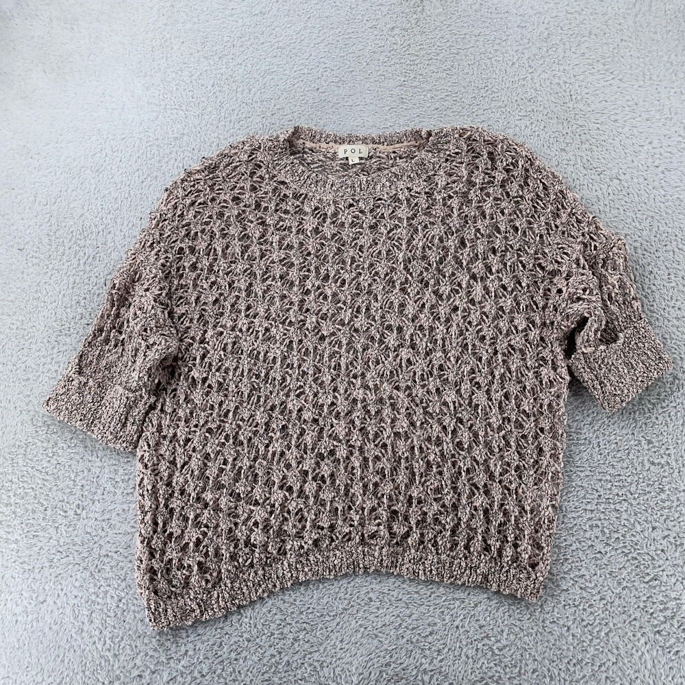 POL Textured Open Knit Sweater Womens Large Beige Crochet Short Sleeve‎ Pullover